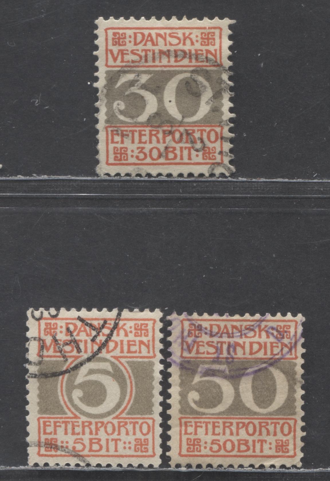 Lot 98 Danish West Indies SC#J5/J8 1905-1913 Postage Dues, 3 Fine/Very Fine Used Singles, Click on Listing to See ALL Pictures, Estimated Value $40