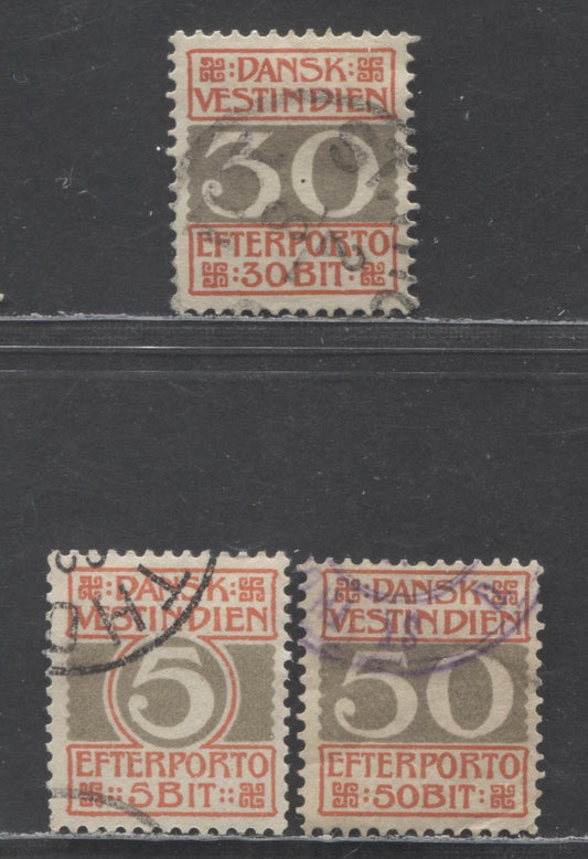 Lot 98 Danish West Indies SC#J5/J8 1905-1913 Postage Dues, 3 Fine/Very Fine Used Singles, Click on Listing to See ALL Pictures, Estimated Value $40