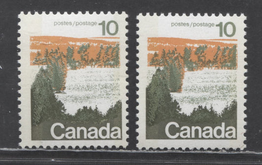 Canada #594iv 10c Multicolored Forest, 1972-1977 Landscape Definitives, 2 F/VFNH Singles With Semi-Solid & Solid Backgrounds, Type 1, Perf 12.5x12, W2B Tagged, DF/DF Horizontal Ribbed Papers