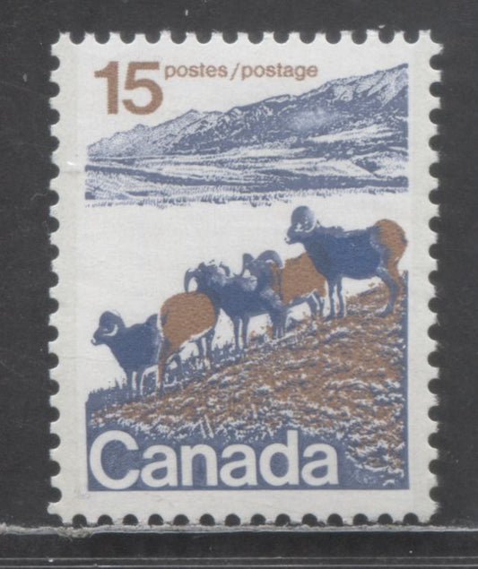 Canada #595i 15c Multicolored Mountain Sheep, 1972-1977 Landscape Definitives, A VFNH Single On Smooth DF Gray-Blue/DF-fl Paper, Type 1, Perf 12.5x12, 3 mm OP2 Tagging