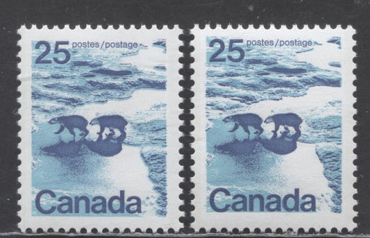 Canada #597i 25c Multicolored Polar Bears, 1972-1977 Landscape Definitives, 2 VFNH Singles With Two Variations Of The Paper, Type 1, Perf 12.5x12, Horizontal Ribbed Paper, 3mm OP2 Tagged