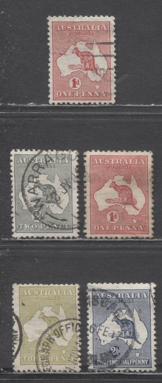 Lot 44 Australia SC#2-5 1913 Kangaroo & Map Issue, Includes Dies 1 & 2 Of 1d Carmine, Wide Single Crown & Wide A Wmks, 5 Fine/Very Fine Used Singles, Click on Listing to See ALL Pictures, Estimated Value $30