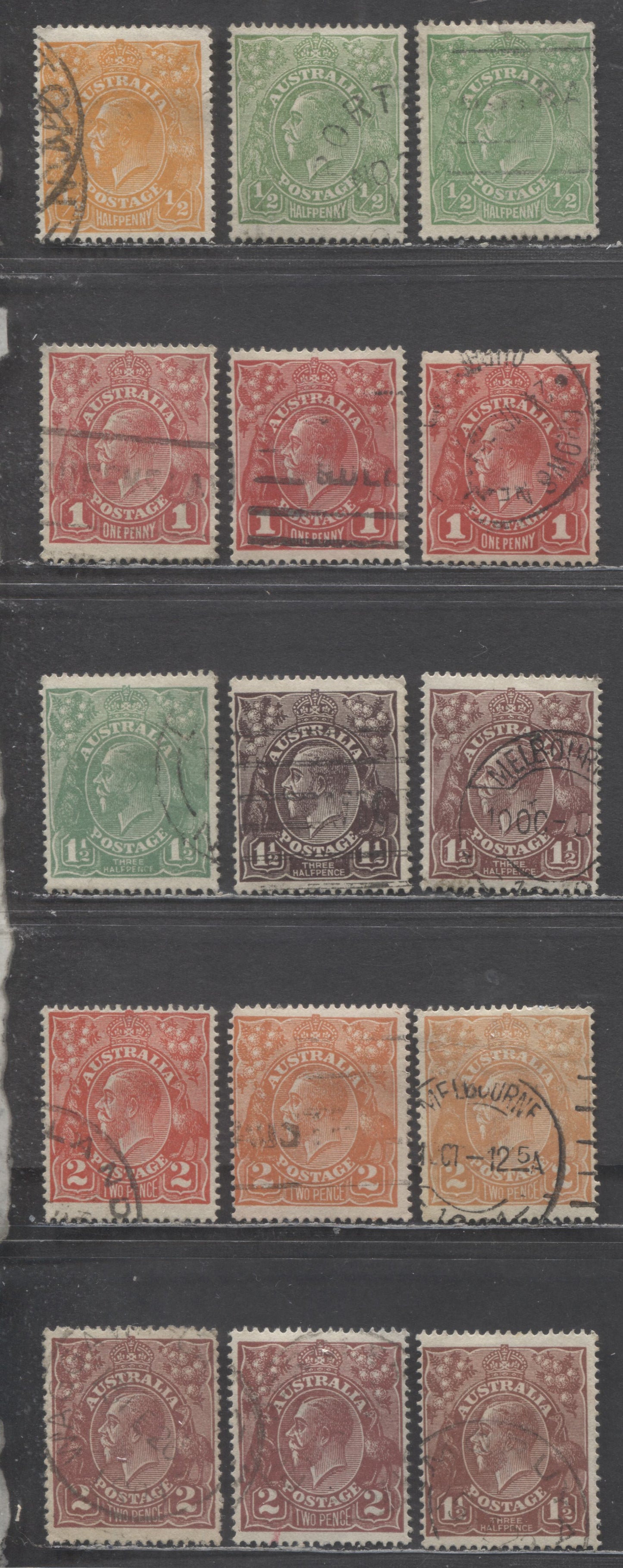 Lot 50 Australia SC#19/29 1914-1924 King George V Profile Head Issue, Includes Some Gibbons Listed Shades, Single Crown & Narrow A Wmks, 2 Fine/Very Fine Used Singles, Click on Listing to See ALL Pictures, Estimated Value $25