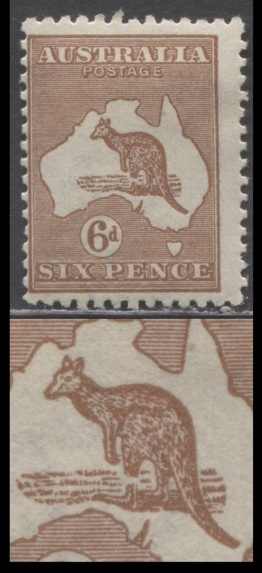 Lot 58 Australia SG#73a (SC# 49var) 6d Chestnut 1915 Kangaroo & Map Issue, Showing Kangaroo With Broken Leg (Upper Plate Left Pane R1/6), A VG/FOG Single, Click on Listing to See ALL Pictures, Estimated Value $25