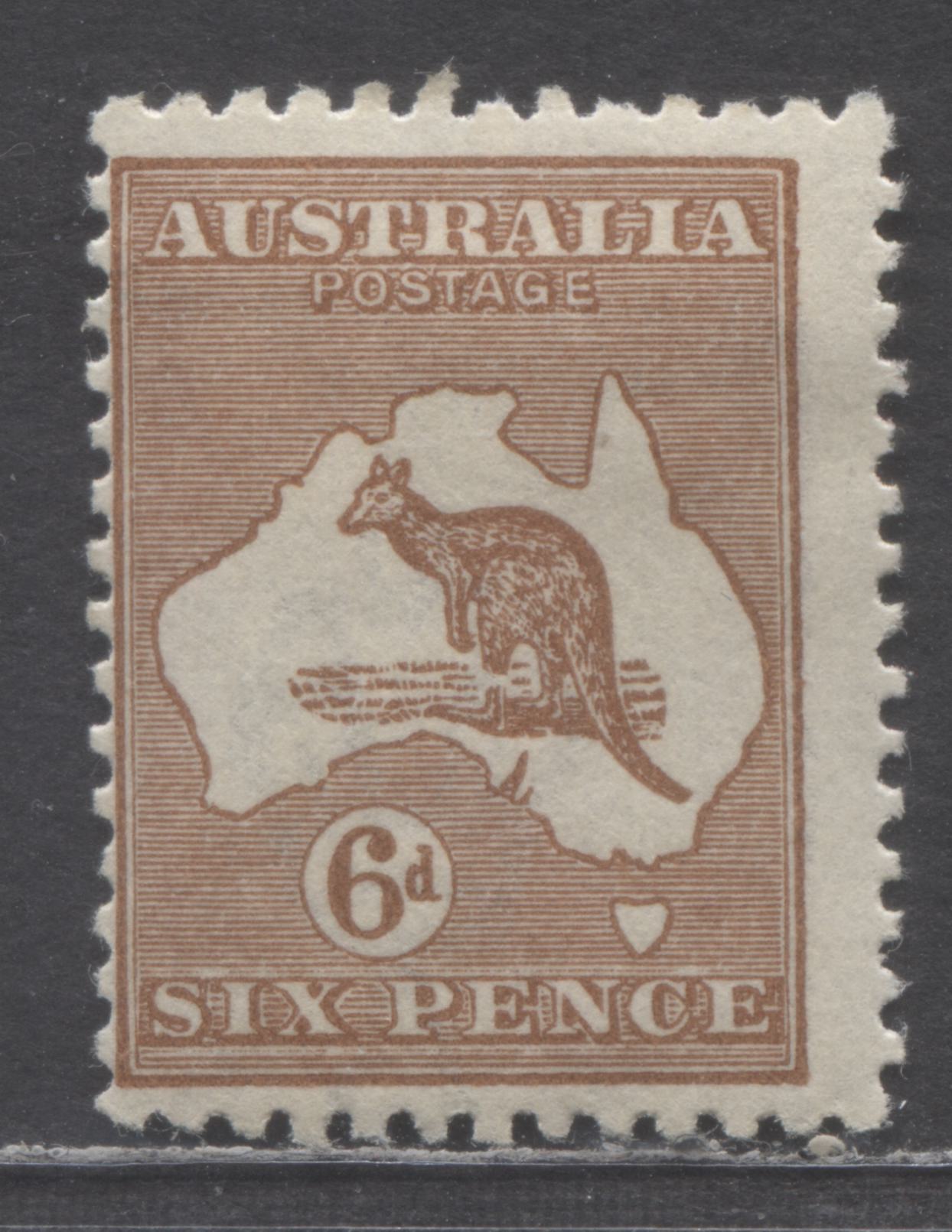 Lot 58 Australia SG#73a (SC# 49var) 6d Chestnut 1915 Kangaroo & Map Issue, Showing Kangaroo With Broken Leg (Upper Plate Left Pane R1/6), A VG/FOG Single, Click on Listing to See ALL Pictures, Estimated Value $25