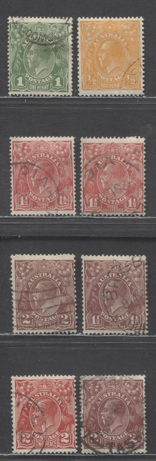 Lot 67 Australia SC#66-71 1926-1930 King George V Profile Heads Issue, Perfs 14 & 13.5x12.5, Small Multiple Wmk, 8 Fine/Very Fine Used Singles, Click on Listing to See ALL Pictures, Estimated Value $30