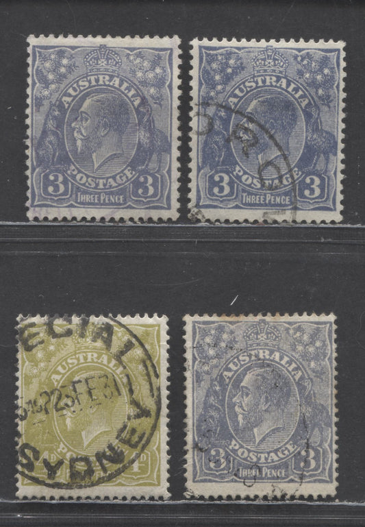 Lot 68 Australia SC#72-73 1926-1930 King George V Profile Heads Issue, Perfs 13.5x12.5 & 14, 4 Fine/Very Fine Used Singles, Click on Listing to See ALL Pictures, Estimated Value $40