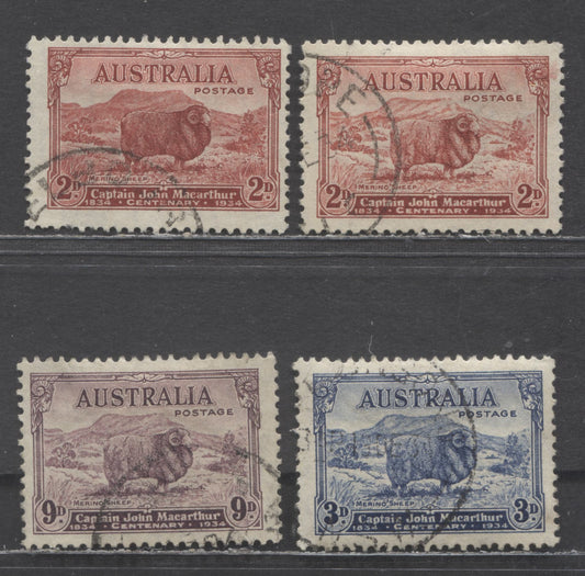 Lot 85 Australia SC#147-149 1934 Macarthur Issue, Includes Both Dies 1 & 2 Of The 2d, 4 Fine/Very Fine Used Singles, Click on Listing to See ALL Pictures, Estimated Value $45