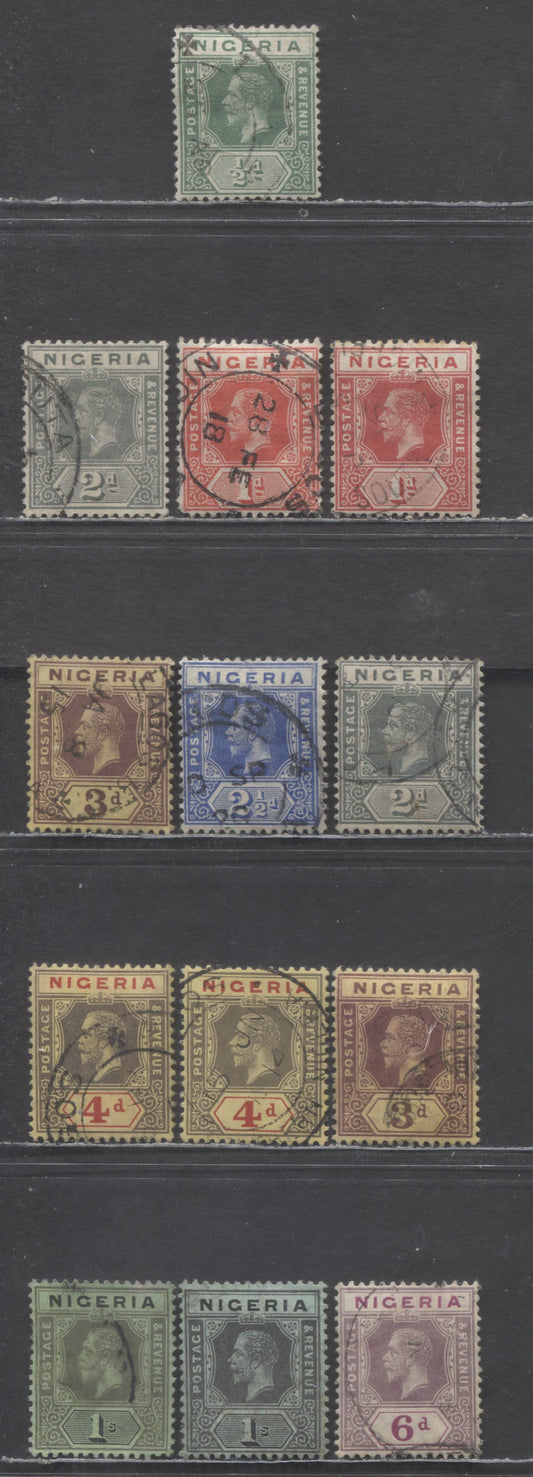 Nigeria SC#1/14 1914-1927 King George V Imperium Keyplates, Wmk Multiple Crown CA, 13 Fine/Very Fine Used Singles, Click on Listing to See ALL Pictures, Estimated Value $55