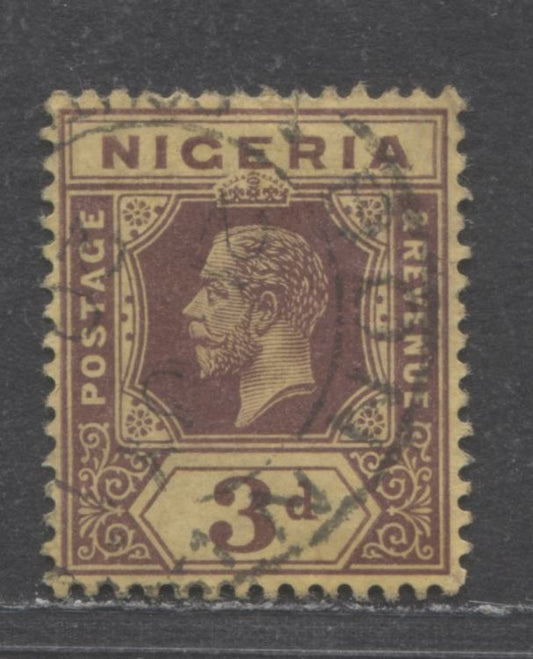 Nigeria SG#5b (SC# 5var) 3d Purple 1915 King George V Imperium Keyplates, Wmk Multiple Crown CA, On Thick Deep Yellow Paper - Scarce Printing, A Very Fine Used Single, Click on Listing to See ALL Pictures, Estimated Value $8