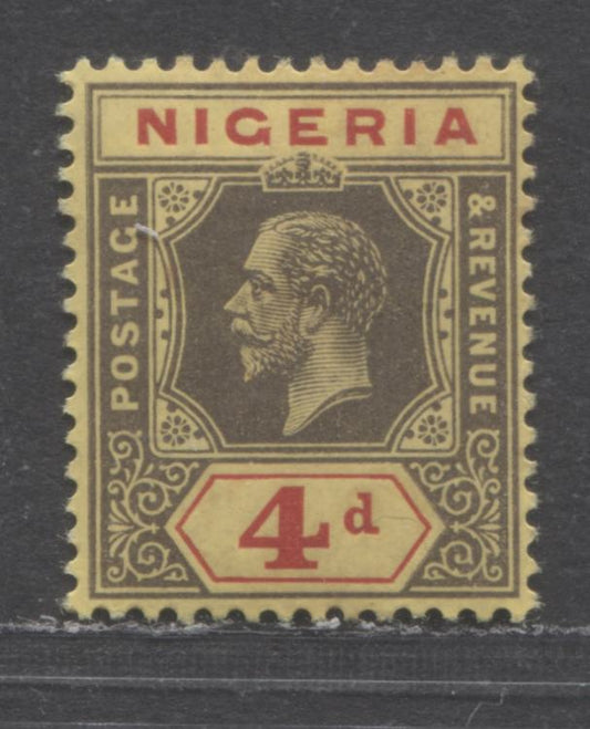 Nigeria SG#6b (SC# 6var) 4d Gray Black & Carmine 1915 King George V Imperium Keyplates, Wmk Multiple Crown CA, On Thick Deep Yellow Paper, A VFOG Single, Click on Listing to See ALL Pictures, Estimated Value $50