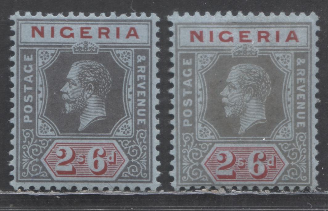 Nigeria SC#9 2/6d Gray/Carmine & Gray Black/Carmine 1914-1921 King George V Imperium Keyplates, Wmk Multiple Crown CA, On Blue Paper, 2 F/VFOG Singles, Click on Listing to See ALL Pictures, Estimated Value $25