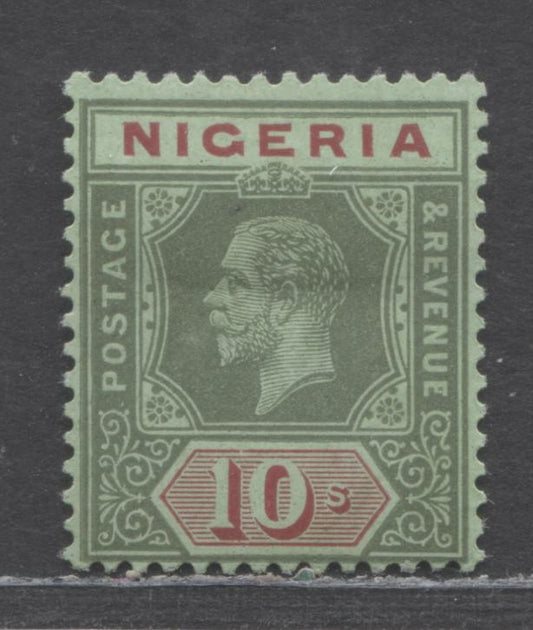 Nigeria SC#11a 10/- Green/Red 1914-1921 King George V Imperium Keyplates, Wmk Multiple Crown CA, On Emerald,  A FOG Single, Click on Listing to See ALL Pictures, Estimated Value $20