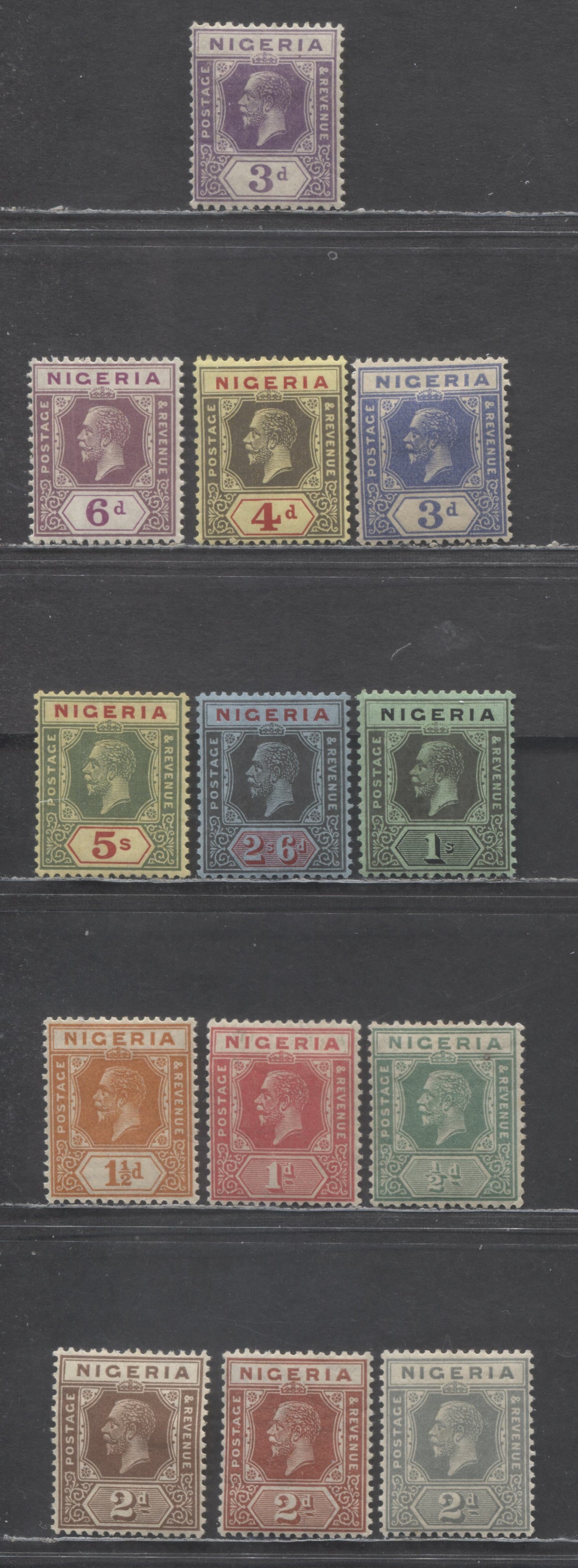 Nigeria SC#18/30 1921-1933 King George V Imperium Keyplates, All Die 2, Script CA Wmk, 13 VFOG Singles, Click on Listing to See ALL Pictures, 2022 Scott Classic Cat. $81.2