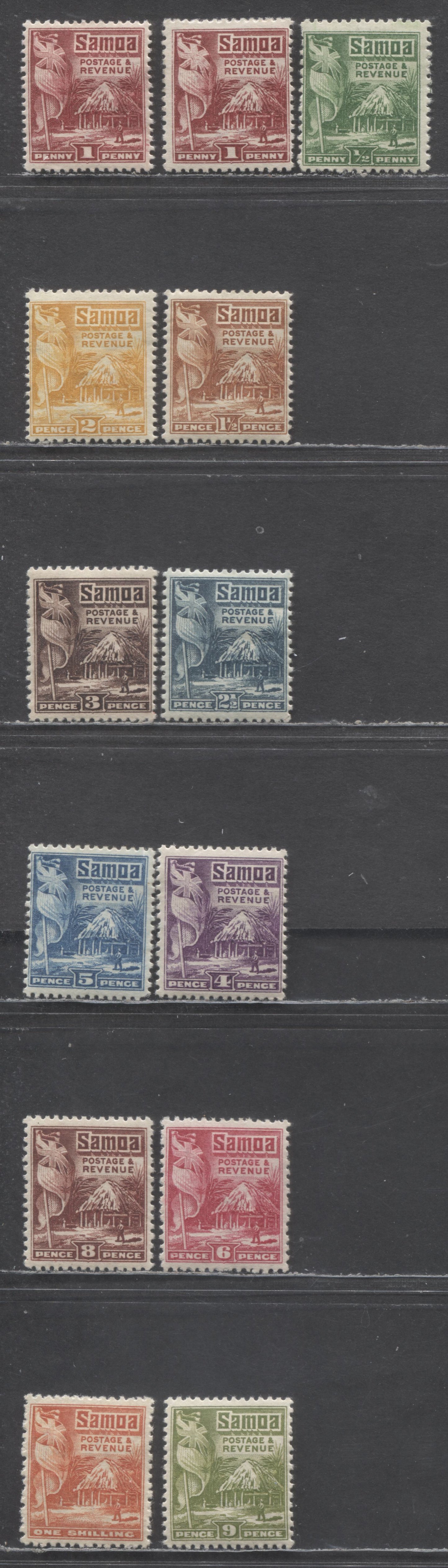 Lot 186 Samoa SC#142-153 1921 British Flag & Samoan Hut Definitives, Perf 14x13.5 & 14x14.5, 13 F/VFOG Singles, Click on Listing to See ALL Pictures, Estimated Value $35