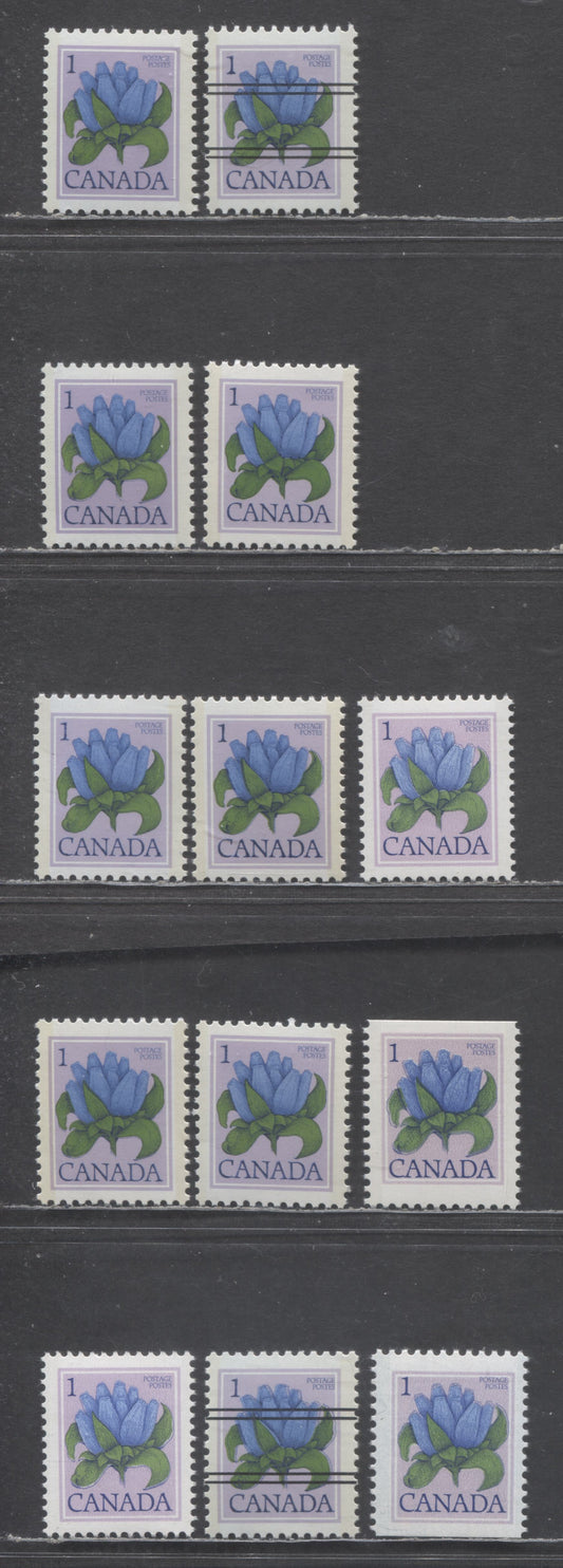 Canada #705, 705xx, 781, 781ai 1c Lilac & Multicolored Bottle Gentian, 1977-1983 Floral Definitives, 13 VFNH Sheet & Booklet Singles On Various Papers, Gum Types & Tagging Intensities