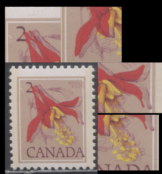 Canada #707var 2c Pale Brown & Multicolored Western Columbine, 1977-1982 Floral Definitives, A VFNH Single With Major Rightward Shift Of Carmine Inscriptions On DF/Df Ivory Paper, Moderate Tagging, Stone Background, Glossy PVA Gum