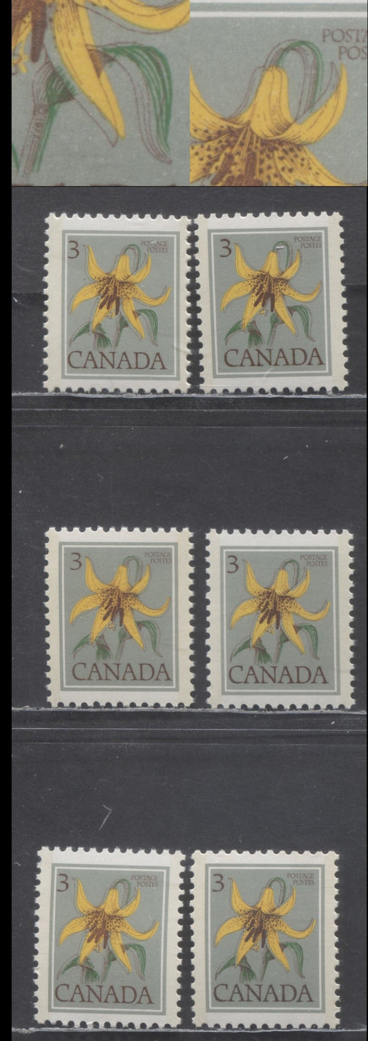 Canada #708,708ii 3c Dull Green & Multicolored Canada Lily, 1977-1983 Floral Definitives, 6 VFNH Singles Includes 6 Different Minor Shifts Of The Dark Brown Engraving With Different Papers, Tagging Intensities, PVA Gums & Background Shades