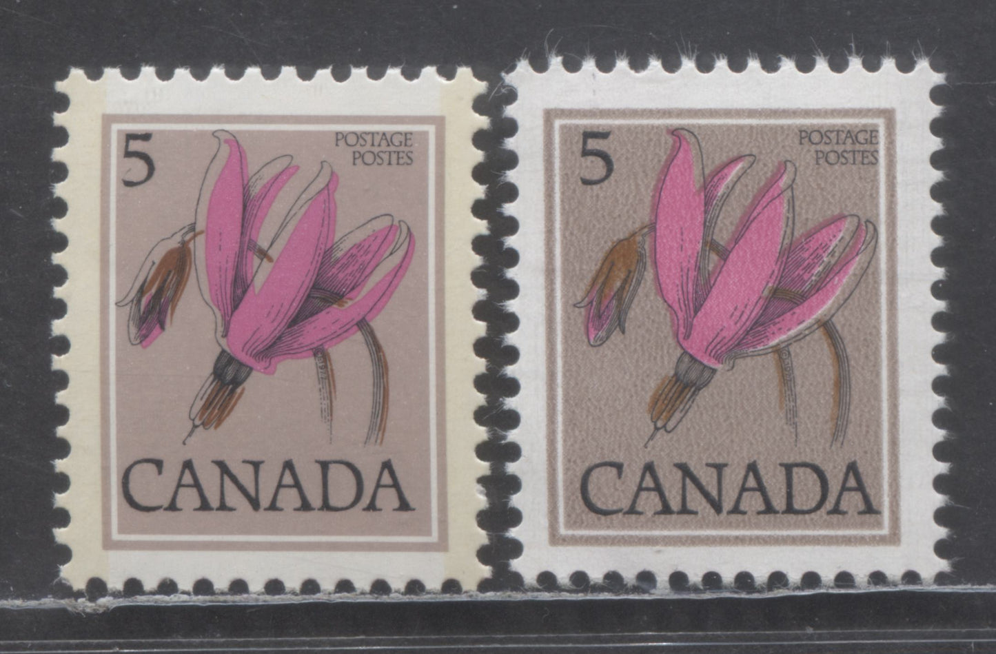 Canada #710var, 785var 5c Multicoloured Shooting Star, 1977-1983 Floral Definitive Issues, Shows Each Printing Method, Showing Shifts Of The Dark Brown Engraving And Flower Colour, As Described