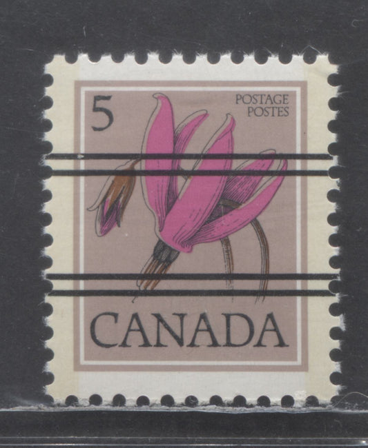 Canada #710xx var 5c Multicoloured Shooting Star, 1977-1982 Floral Definitive Issue, Precancel On DF/F Paper - Scarce And Unlisted, Moderate Tagging, White Paper