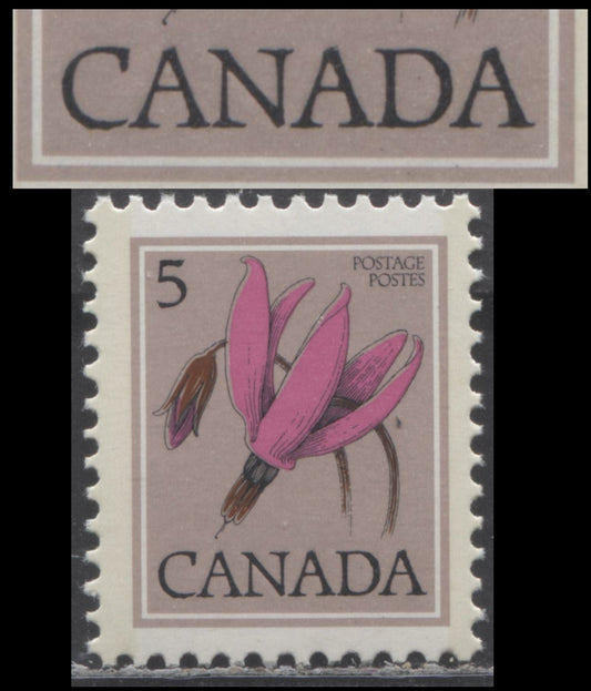 Lot 477 Canada #710var 5c Multicoloured Shooting Star, 1977-1982 Floral Definitive Issue, Double Print Of Canada, Once Albino On DF/DF Bluish White, Light Tagging, Satin PVA