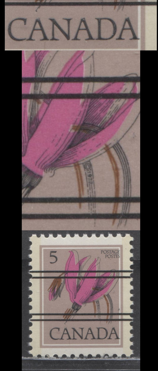 Lot 478 Canada #710xx var 5c Multicoloured Shooting Star, 1977-1982 Floral Definitive Issue, Double Print Of Canada, Once Albino & Doubling Of Flower Stems Due To Dramatic Rightward Shift Of Black