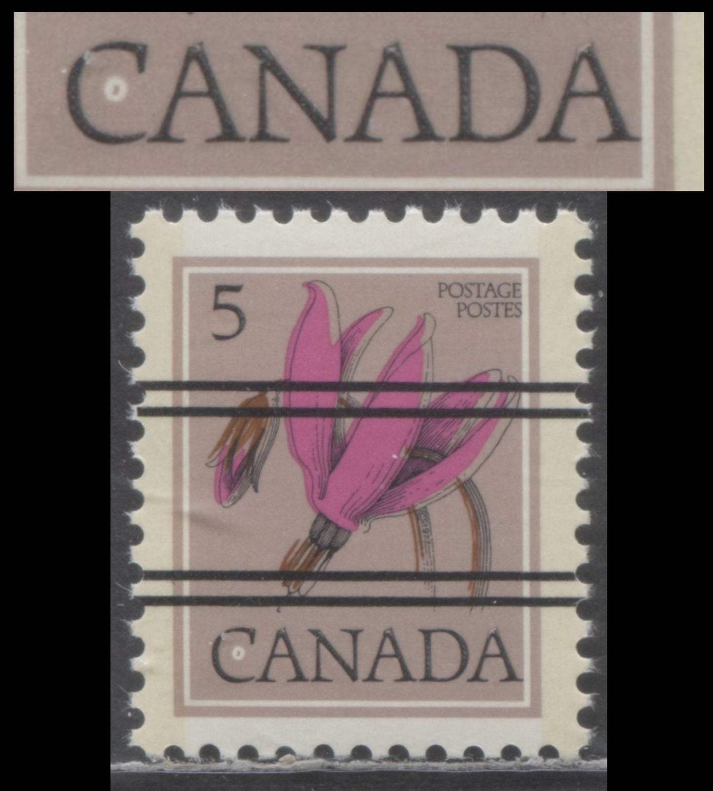 Lot 479 Canada #710xx var 5c Multicoloured Shooting Star, 1977-1982 Floral Definitive Issue, Canada Doubled, Once Albino & Donut Flaw In C Of Canada