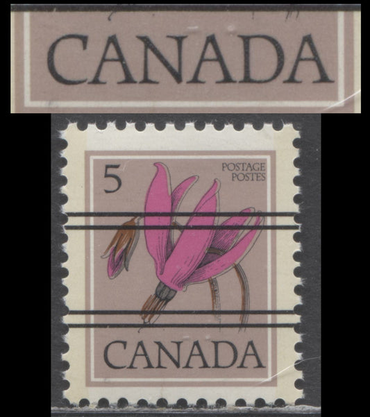 Canada #710xx var 5c Multicoloured Shooting Star, 1977-1982 Floral Definitive Issue,  Canada Doubled, Once Albino, DF/DF Greyish White, Moderate Tagging, Off-White Paper, Satin PVA