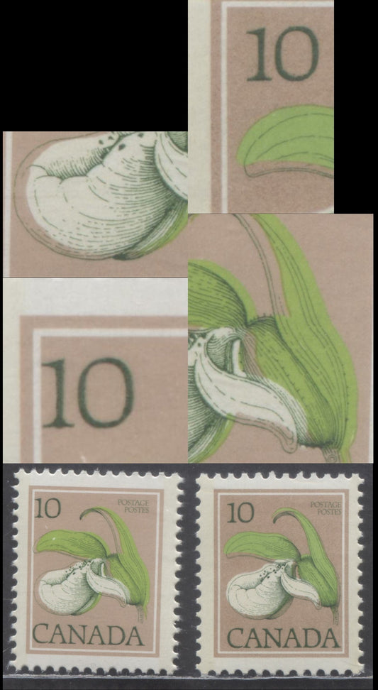 Canada #711b 10c Ochre & Multicolored Lady's Slipper, 1977-1983 Floral Definitives, 2 VFNH Singles With Major Leftward Shift Of Dark Green, NF/LF, Light Tagging, Satin PVA & Smaller Downward Shift, DF/DF Gray White, Perf 12x12.5