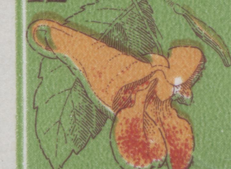 Lot 9 Canada #712var 12c Bright Green & Multicolored Jewelweed, 1977-1983 Floral Definitives, A VFNH Singles With Upward Shift Of Yellow Orange On DF/DF Grayish White Paper, Invisible Tagging, Screened Background, Satin PVA Gum