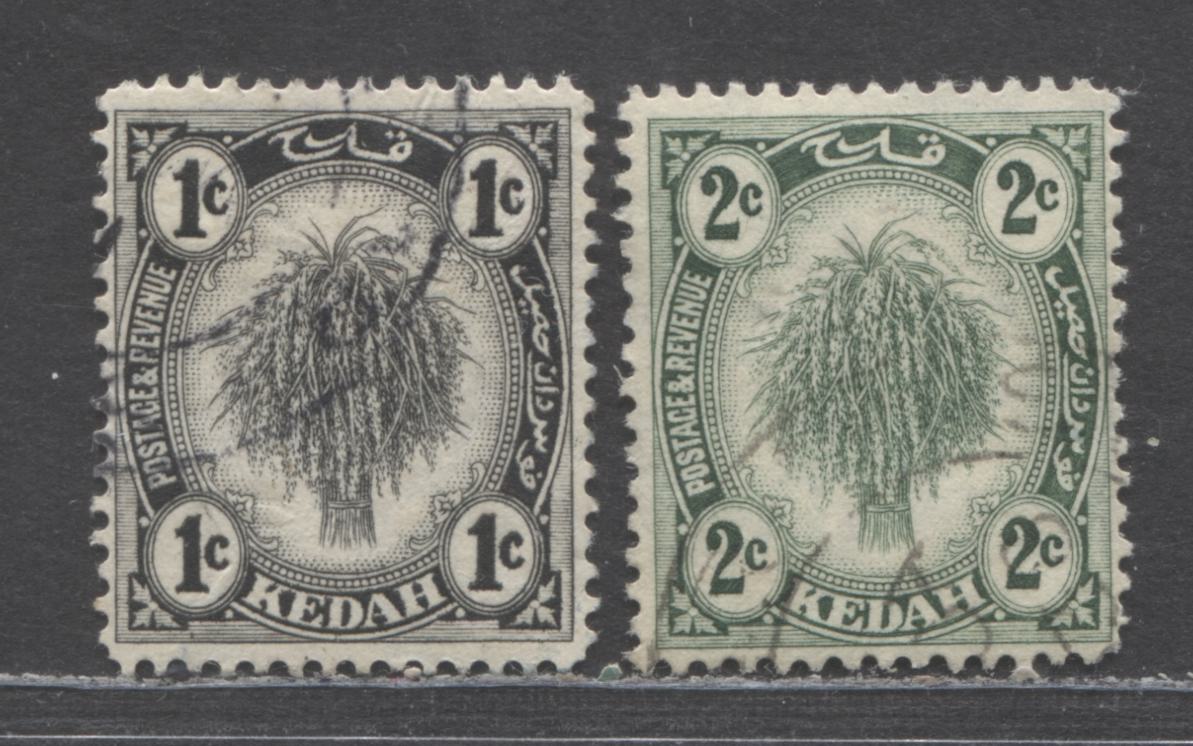 Lot 5 Malaya - Kedah SC#24a-25a 1921-1936 Sheaf Of Rice & Plowing Issues, Scarce Type 2 Printings, 2 Fine/Very Fine Used Singles, Click on Listing to See ALL Pictures, 2022 Scott Classic Cat. $13