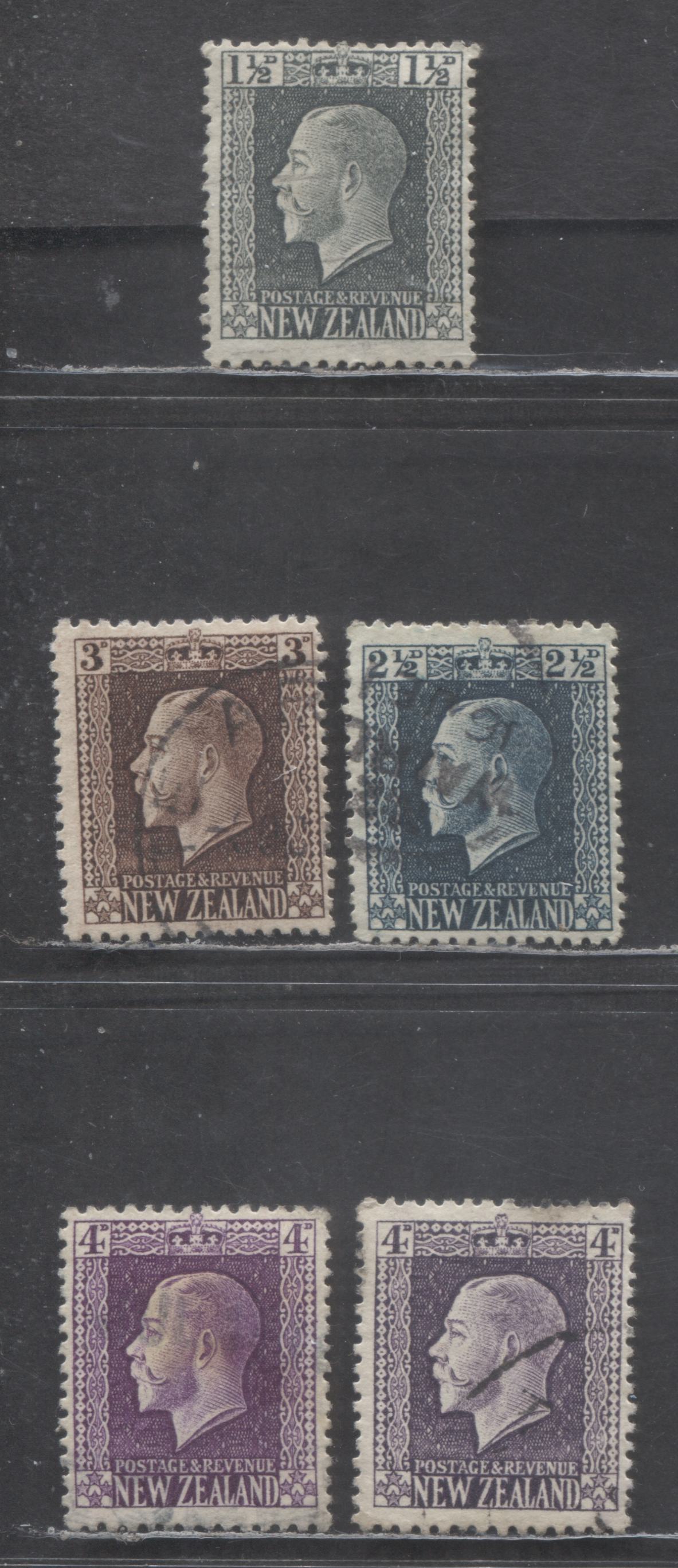 Lot 58 New Zealand SG#145a/151e 1915-1922 Engraved King George V Issue, Perf 14x14.5, 5 Fine/Very Fine Used Singles, Click on Listing to See ALL Pictures, Estimated Value $30