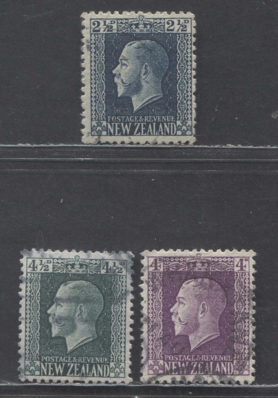 Lot 59 New Zealand SC#148/152 1915-1922 Engraved King George V Issue, Perf 14x13.5, 3 Fine/Very Fine Used SIngles, Click on Listing to See ALL Pictures, Estimated Value $25