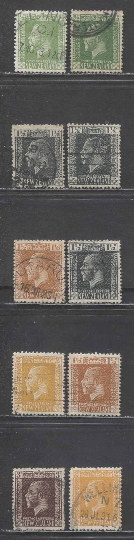 Lot 64 New Zealand SG#435 (SC# 144)/440 (SC# 164) 1915-1919 King George V Issue, Surface Printed On De La Rue Paper, Includes Shades, 10 Fine/Very Fine Used Singles, Click on Listing to See ALL Pictures, Estimated Value $5