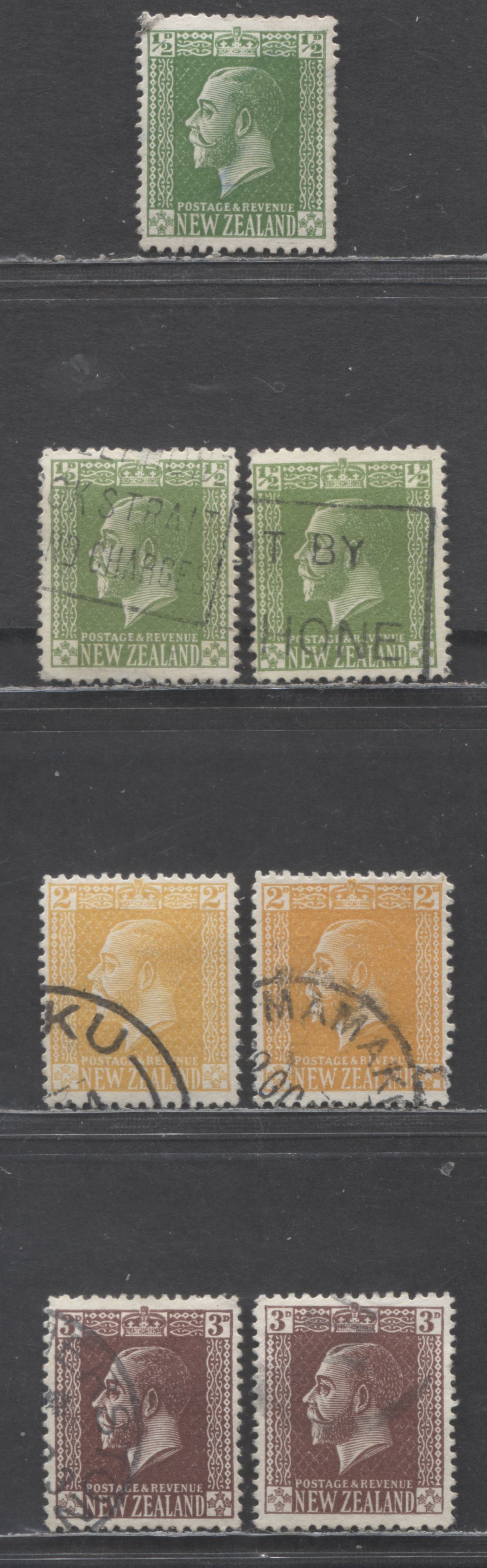 Lot 65 New Zealand SG#446 (SC# 144)/449b (SC# 164a) 1915-1919 King George V Issue, On Cowan Paper, Perfs 14x15 & 14 Plus Shades, 7 Fine/Very Fine Used Singles, Click on Listing to See ALL Pictures, Estimated Value $7