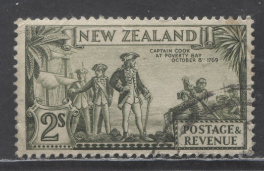 Lot 86 New Zealand SG#568 (SC# 197var) 2/- Olive Green 1935 Pictorial Issue, Star and NZ Wmk Perf 13-14x13.5, Wmk Inverted, A Fine Used Single, Click on Listing to See ALL Pictures, 2017 Gibbons Cat. $95