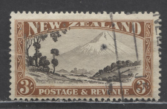 Lot 87 New Zealand SC#198 3/- Brown 1935 Pictorial Issue, Star and NZ Wmk Perf 14x13.5, A Fine Used Single, Click on Listing to See ALL Pictures, Estimated Value $21