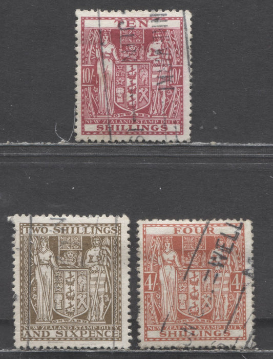 Lot 90 New Zealand SG#F170 (SC# AR48)/F177 (SC# AR56) 1931-1939 Arms Postal Fiscal Issue, On Wiggins-Teape Paper, Single Star & NZ Wmk, 3 Fine Used Singles, Click on Listing to See ALL Pictures, Estimated Value $17