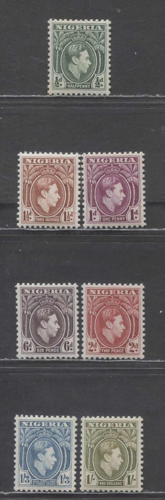 Nigeria SC#53a/66a 1950-1952 King George VI Palm Tree Definitives, Comb Perf 11.5 , 7 VFNH Singles, Click on Listing to See ALL Pictures, 2022 Scott Classic Cat. $7