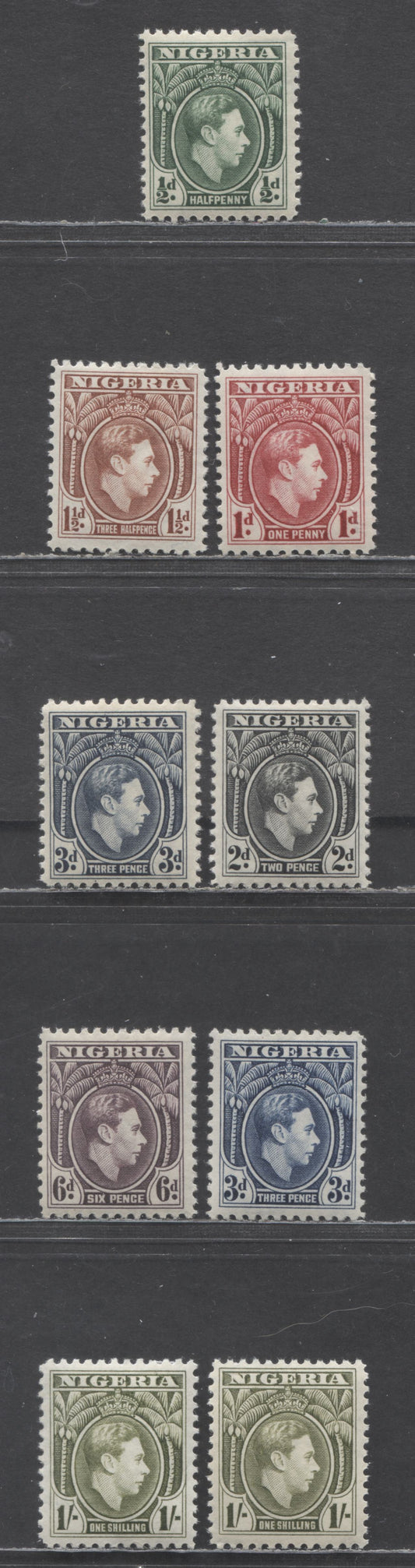 Lot 126 Nigeria SC#53/61 1938-1939 King George VI Palm Tree Definitives, 1938 & 1939 Printings, 9 F/VFNH/OG Singles, Click on Listing to See ALL Pictures, Estimated Value $150