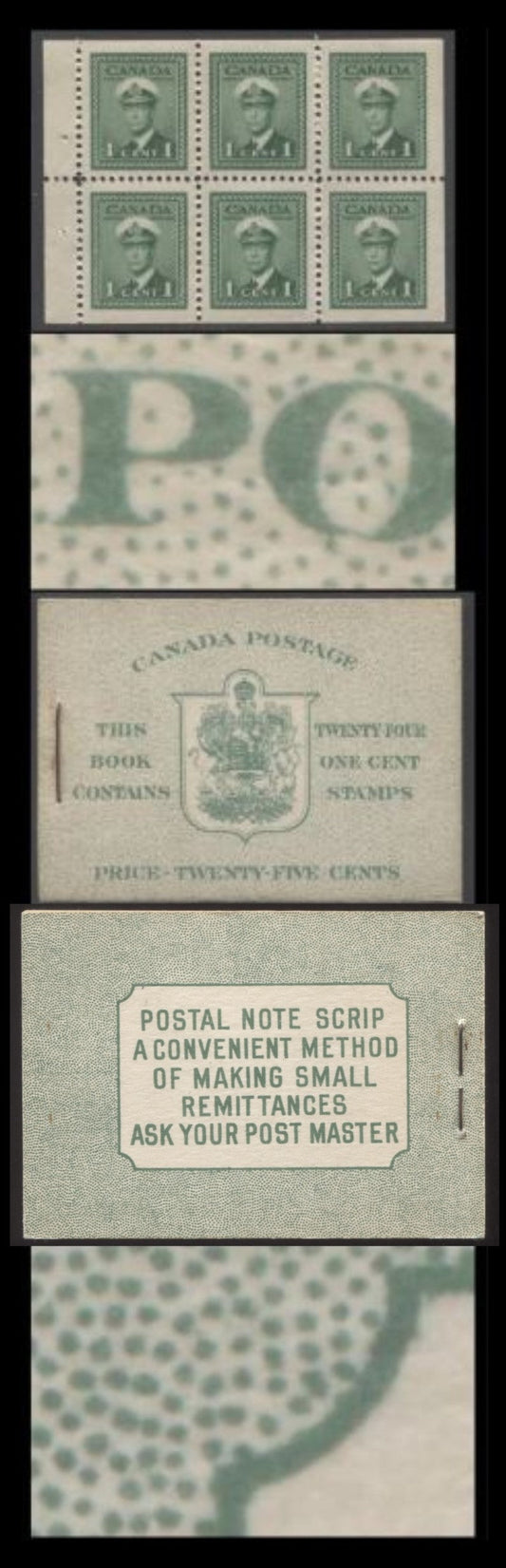 Lot 313 Canada #BK32fEIIaCbii 1942-1947 War Issue, A Complete 25c English Booklet, 4 Panes Of 6 1c Green, Front Cover IIa, Back Cover Cbii, Cover Type IIa, 7c & 6c Rate Page, 'Post Master' Two Words, CBN-DDDDD