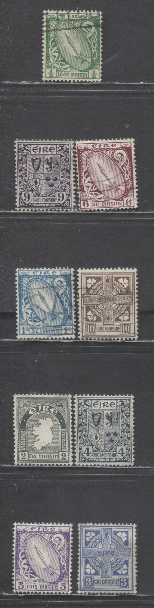 Lot 5 Ireland SC#106/117 1940-1942 Gaelic Design, Multiple 'E' Wmk, 9 Fine/Very Fine Used Singles, Click on Listing to See ALL Pictures, Estimated Value $35