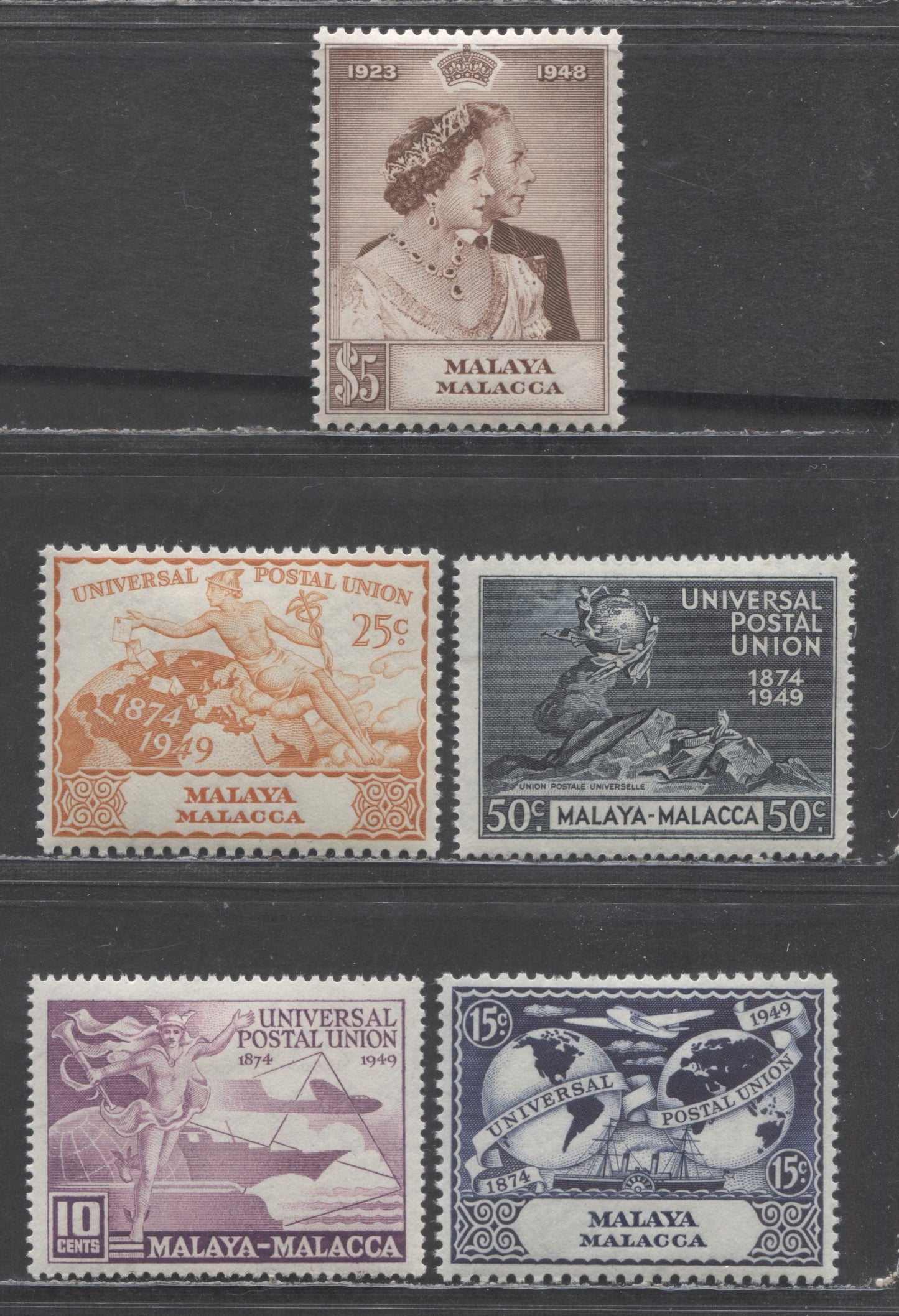 Lot 57 Malaya - Malacca SC#1/21 1949 Silver Wedding & UPU Issues, 5 VFOG Singles, Click on Listing to See ALL Pictures, Estimated Value $20