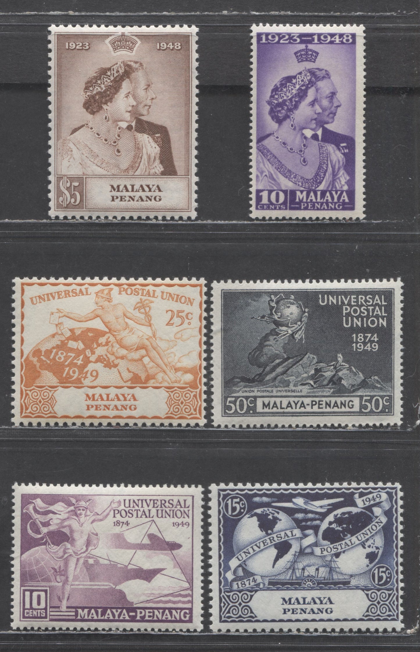 Lot 63 Malaya - Penang SC#1/26 1948-1949 Silver Wedding & UPU Issue, 6 VFOG Singles, Click on Listing to See ALL Pictures, Estimated Value $23