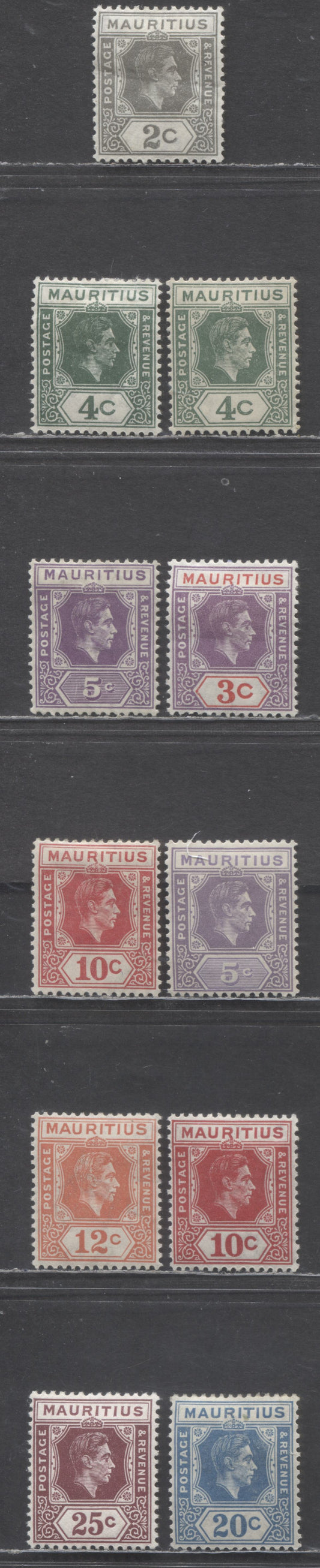 Lot 88 Mauritius SC#211/218 1938-1943 King George VI Imperium Keyplates, 11 F/VFOG Singles, Estimated Value $20