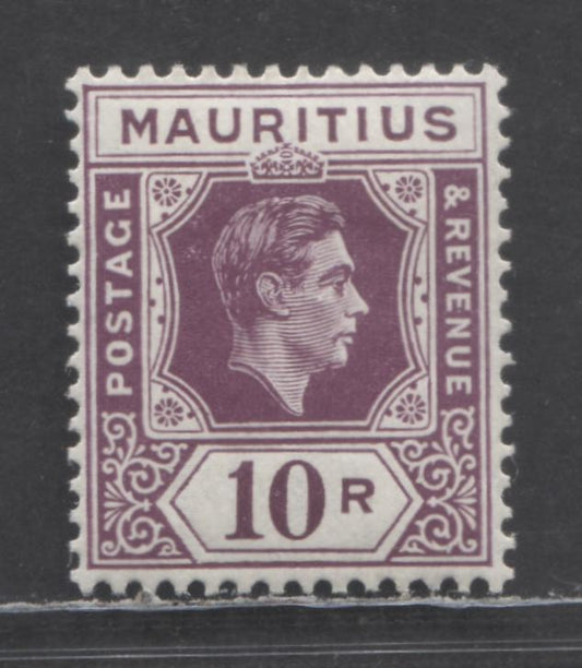 Lot 90 Mauritius SC#222a 10r Reddish Purple 1938-1943 King George VI Imperium Keyplates, On Chalky Paper, Postwar Printing, A VFOG Single, Click on Listing to See ALL Pictures, 2022 Scott Classic Cat. $45