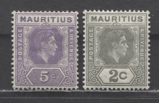 Lot 91 Mauritius SC#211a/214a 1938-1943 King George VI Imperium Keyplates, Perf 15x14, 1943 Printings, 2 VFOG Singles, Click on Listing to See ALL Pictures, 2022 Scott Classic Cat. $34.6