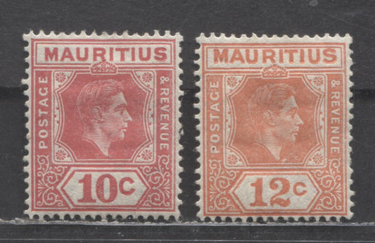Lot 92 Mauritius SC#215a-216a 1938-1943 King George VI Imperium Keyplates, Perf 15x14, 1943 Printings, 2 VFOG Singles, Click on Listing to See ALL Pictures, 2022 Scott Classic Cat. $55