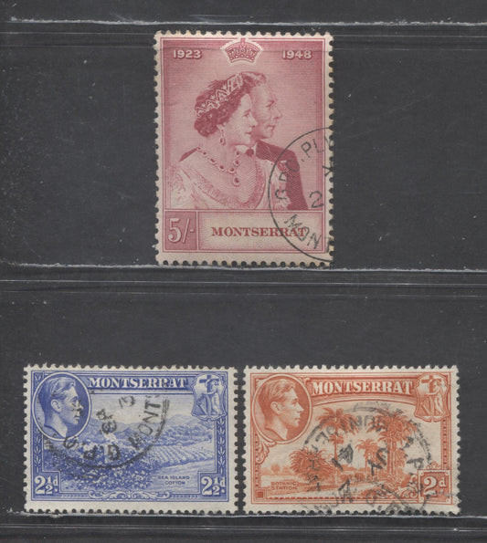 Lot 96 Montserrat SC#95a-96a 1938-1948 Silver Wedding Issue, Perf 13, 1938 Printings, 3 Very Fine Used Singles, Click on Listing to See ALL Pictures, 2022 Scott Classic Cat. $19.5