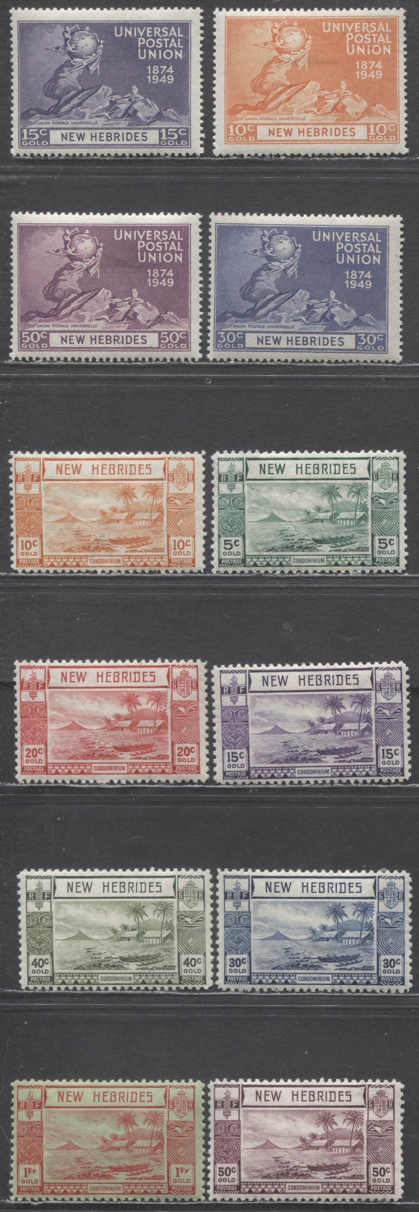 Lot 98 New Hebrides SC#50/65 1938-1949 Beach Scene Definitives & UPU Issues, 12 VFOG Singles, Click on Listing to See ALL Pictures, 2022 Scott Classic Cat. $26.1